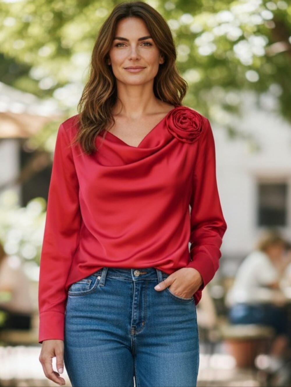 Adiva Red Satin Blouse with Shoulder Detail